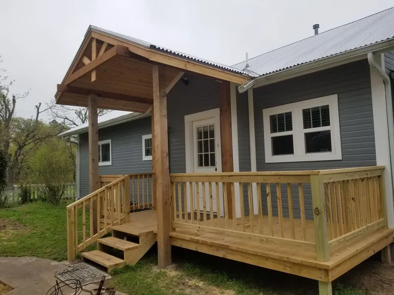 Elevated cedar stairs and landing construction
