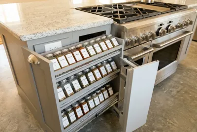 Pantry cabinet with built-in pull-out spice rack drawers