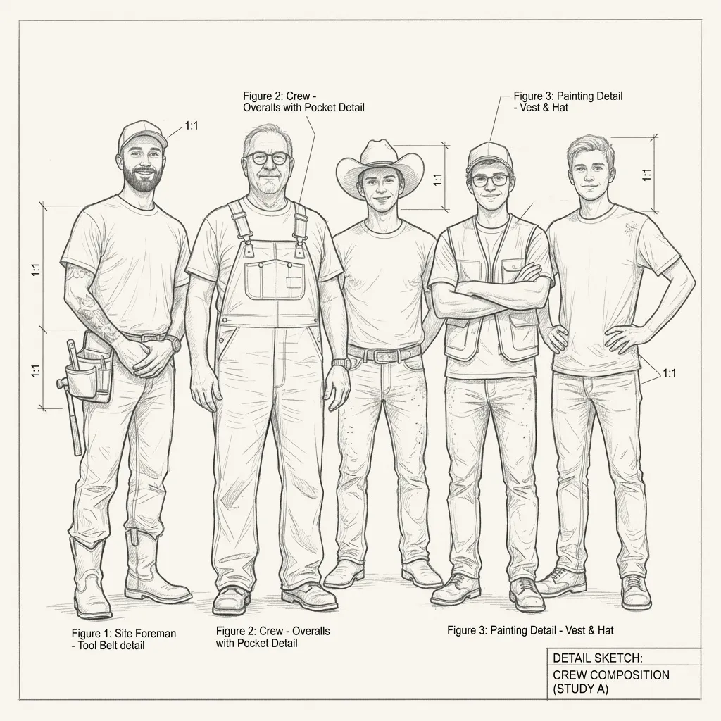 Roger England Remodeling Crew Line Drawing Showcase