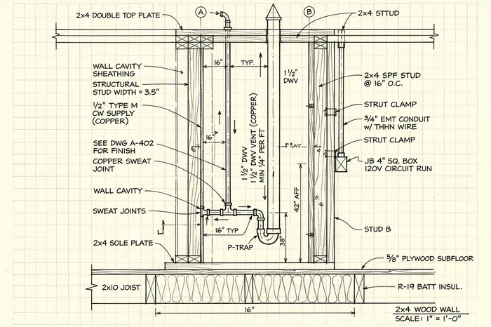 Wall framing studs cross-section blueprint sketch