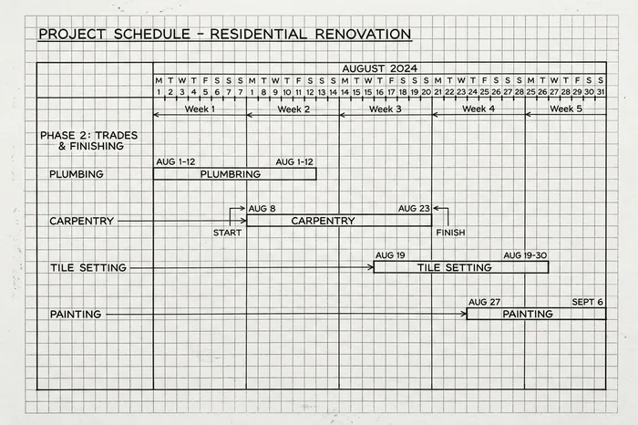 Trades coordination schedule Gantt chart sketch