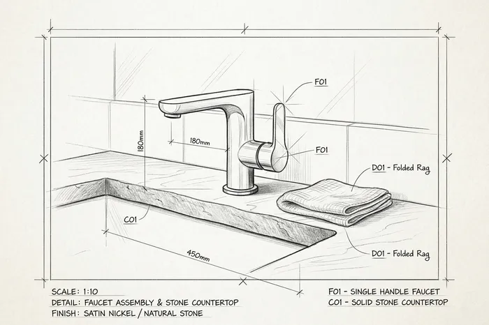 Sleek faucet and neatly folded clean rag sketch