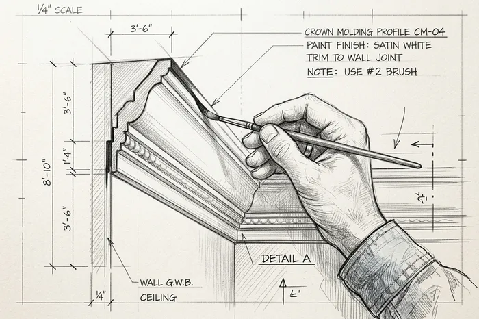 Hand painting crown molding trim joint sketch