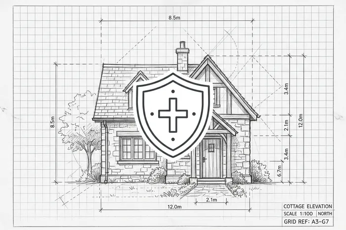 Classic cottage elevation and shield sketch